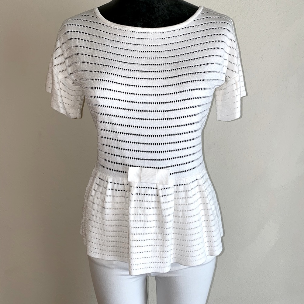Luisa Spagnoli Italy Eyelet Bow Front Ruffle Peplum Top